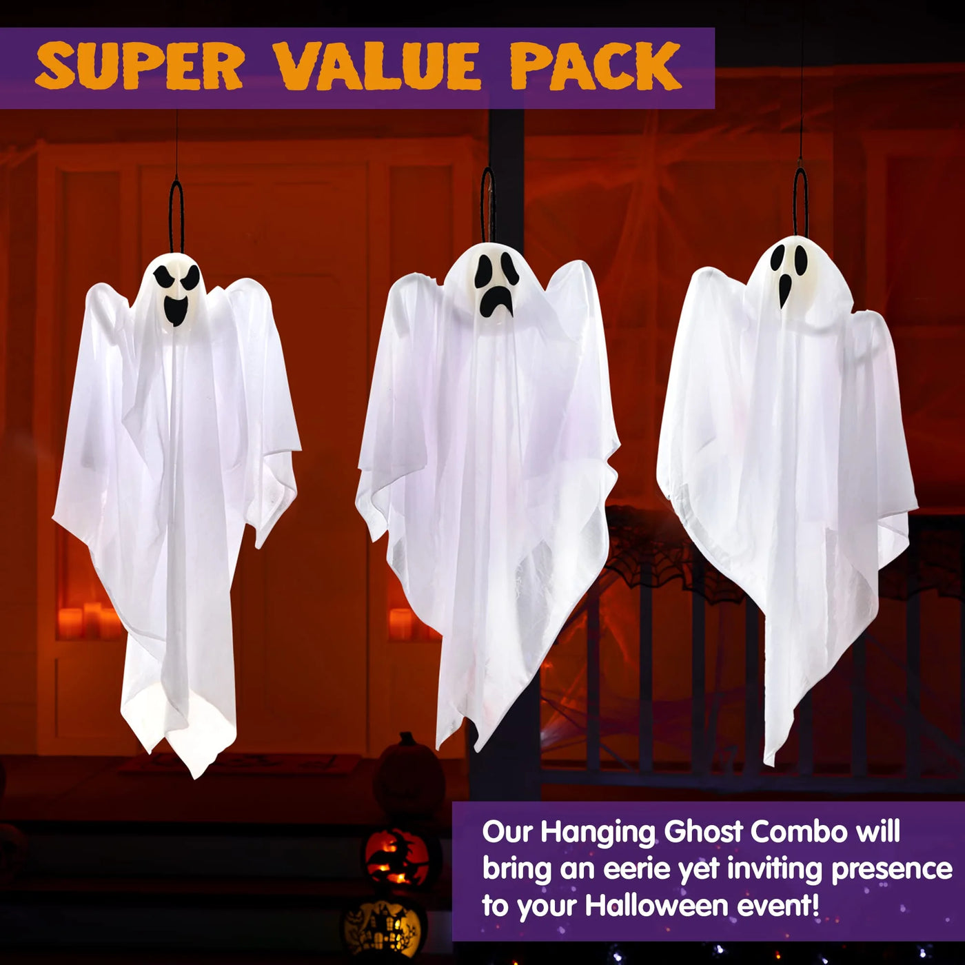 3 Pack Halloween Hanging Ghosts Decorations,27.5" Cute Scary Flying Ghosts Outdoor Hanging Halloween Decorations Yard Decorations