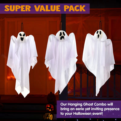 3 Pack Halloween Hanging Ghosts Decorations,27.5" Cute Scary Flying Ghosts Outdoor Hanging Halloween Decorations Yard Decorations