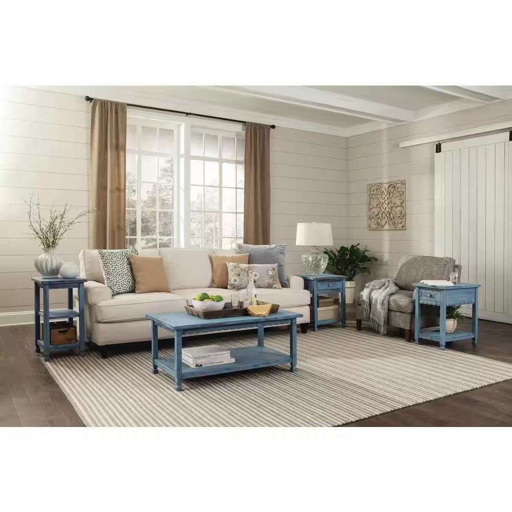 Antique Blue Farmhouse Wood End Table with Drawer – Rustic Rectangular Bedside Side Table