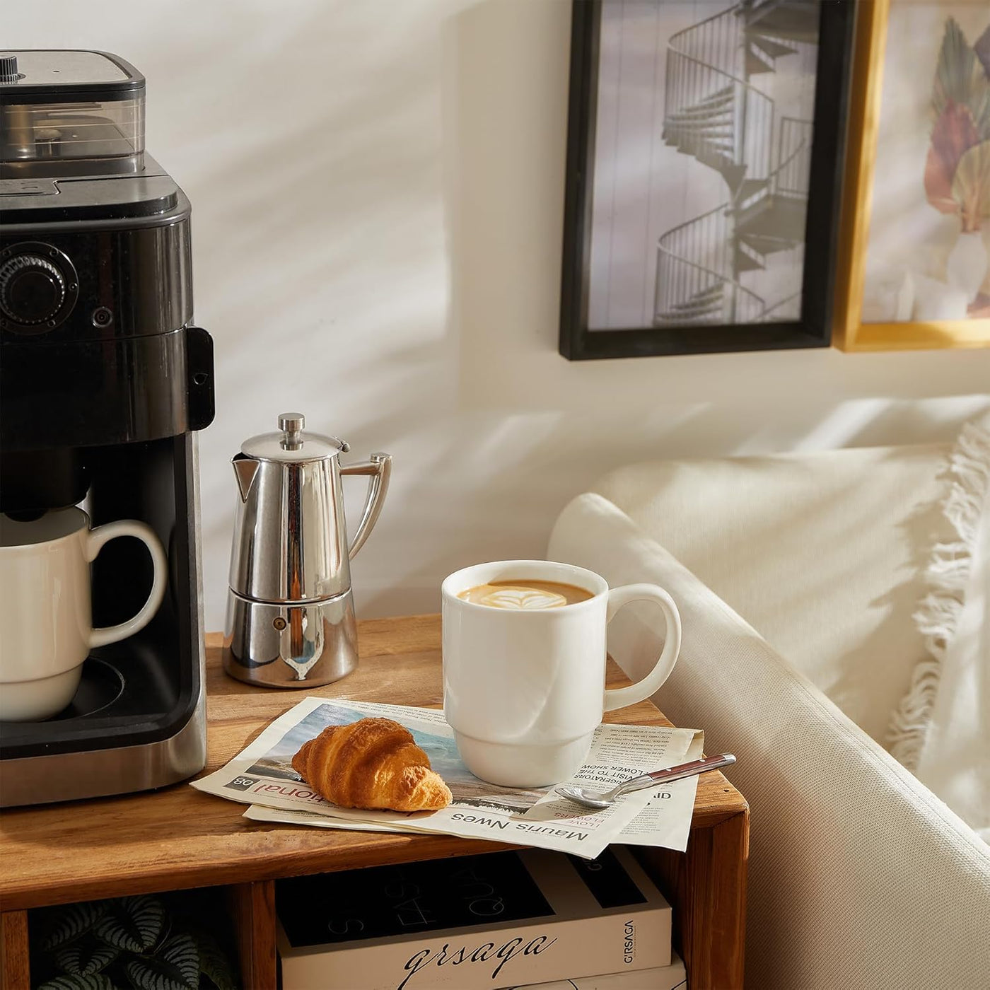 Extra Large 21 Oz Stackable Porcelain Mug Set - 6 Elegant White Coffee, Tea & Mulled Drink Cups with Handles