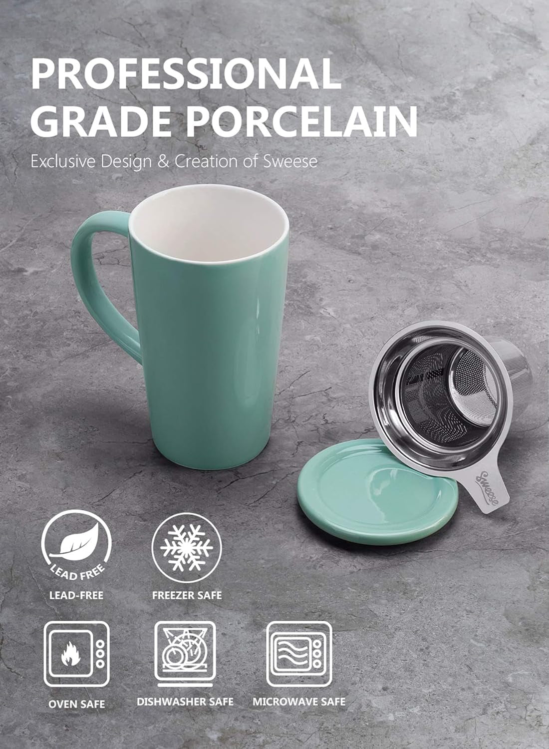 Stylish Mint Green Porcelain Tea Mug Set with Infuser & Lid - 18 Oz Capacity, Perfect for Coffee and Cocoa Lovers
