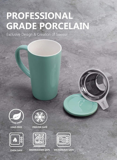 Stylish Mint Green Porcelain Tea Mug Set with Infuser & Lid - 18 Oz Capacity, Perfect for Coffee and Cocoa Lovers