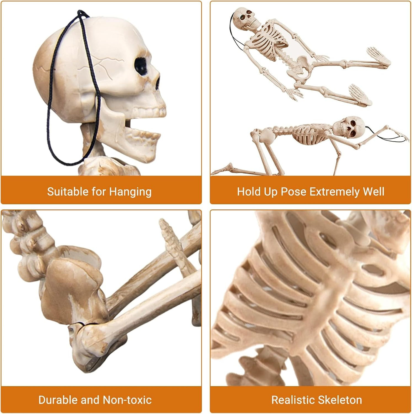 16" Small Skeleton Halloween Decor Full Body 2 Pack - Plastic Mini Skeleton Halloween Poseable Hanging Decorative - Cute Posable Joints Little Skeletons Indoor Table Decoration