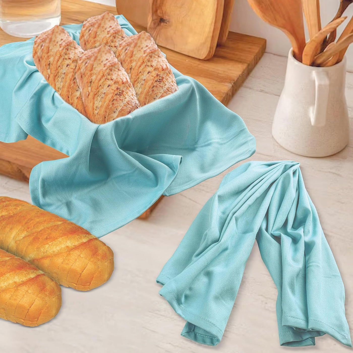 Premium Aqua 100% Cotton Dish Towels - Extra Absorbent Kitchen Cloths (Set of 6, 20x30 Inches) with Convenient Hanging Loop for Multi-Purpose Cleaning