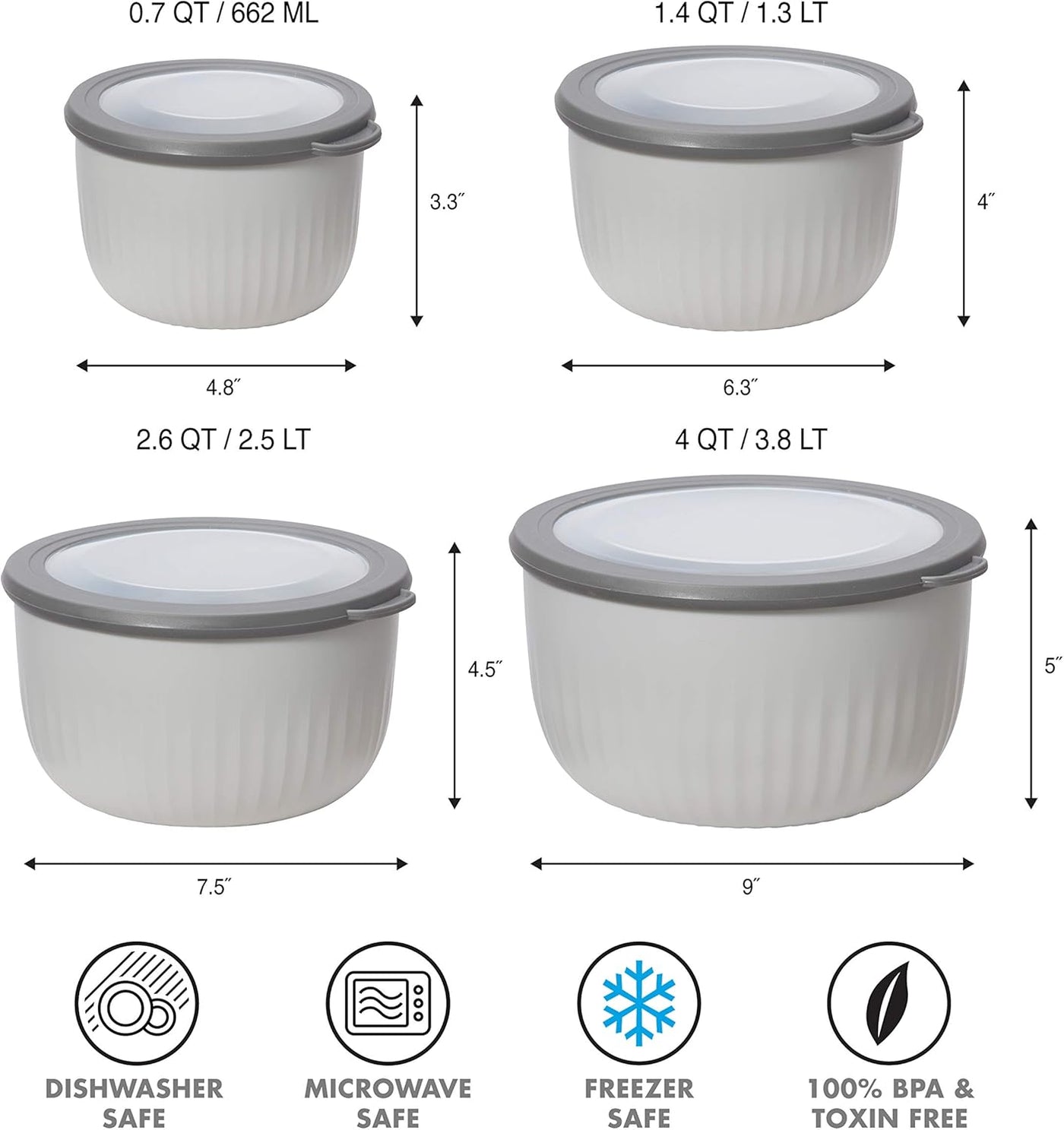 Versatile 4 Qt Plastic Bowl with See-Thru Lid - Dishwasher, Microwave & Freezer Safe - Light Gray with Dark Gray Lid