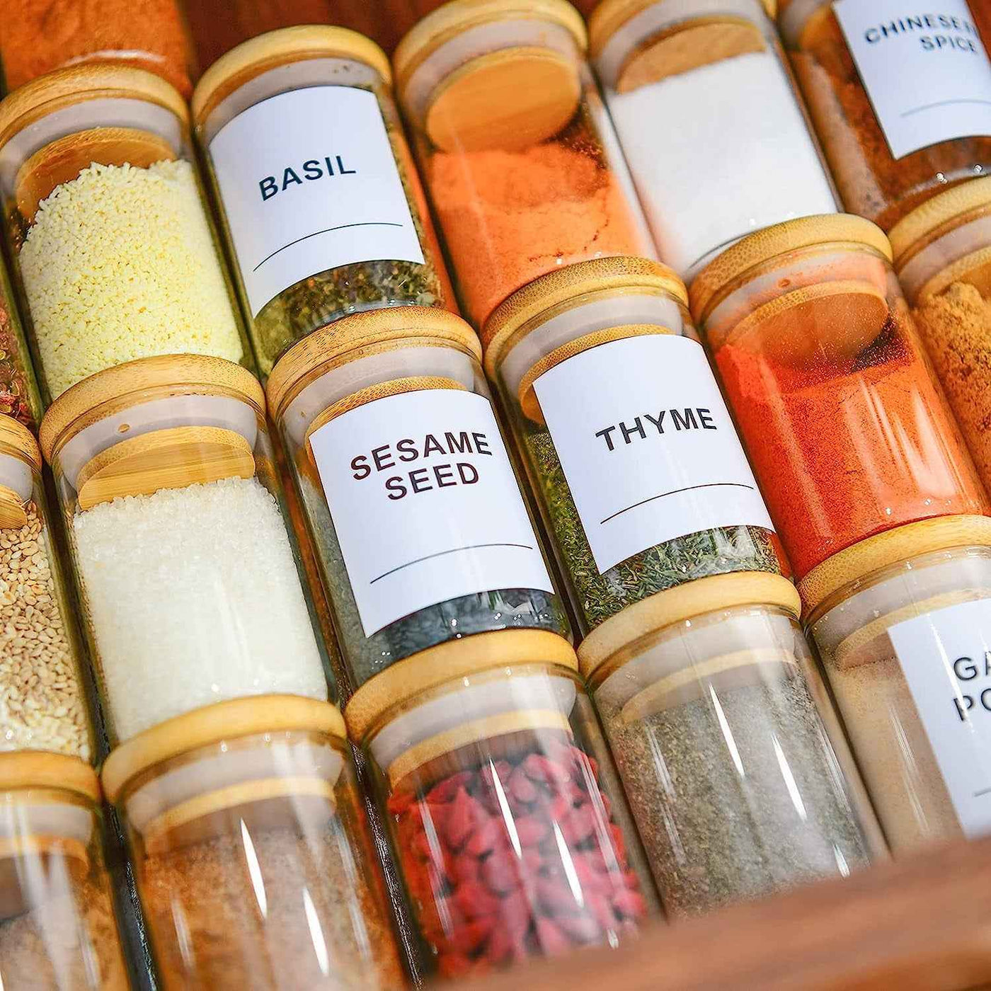 Glass Spice Jars Set of 20 - Mini 3.2Oz Airtight Containers with Bamboo Lids and Preprinted Labels for Pantry Storage - GG store
