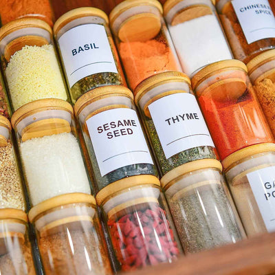 Glass Spice Jars Set of 20 - Mini 3.2Oz Airtight Containers with Bamboo Lids and Preprinted Labels for Pantry Storage - GG store