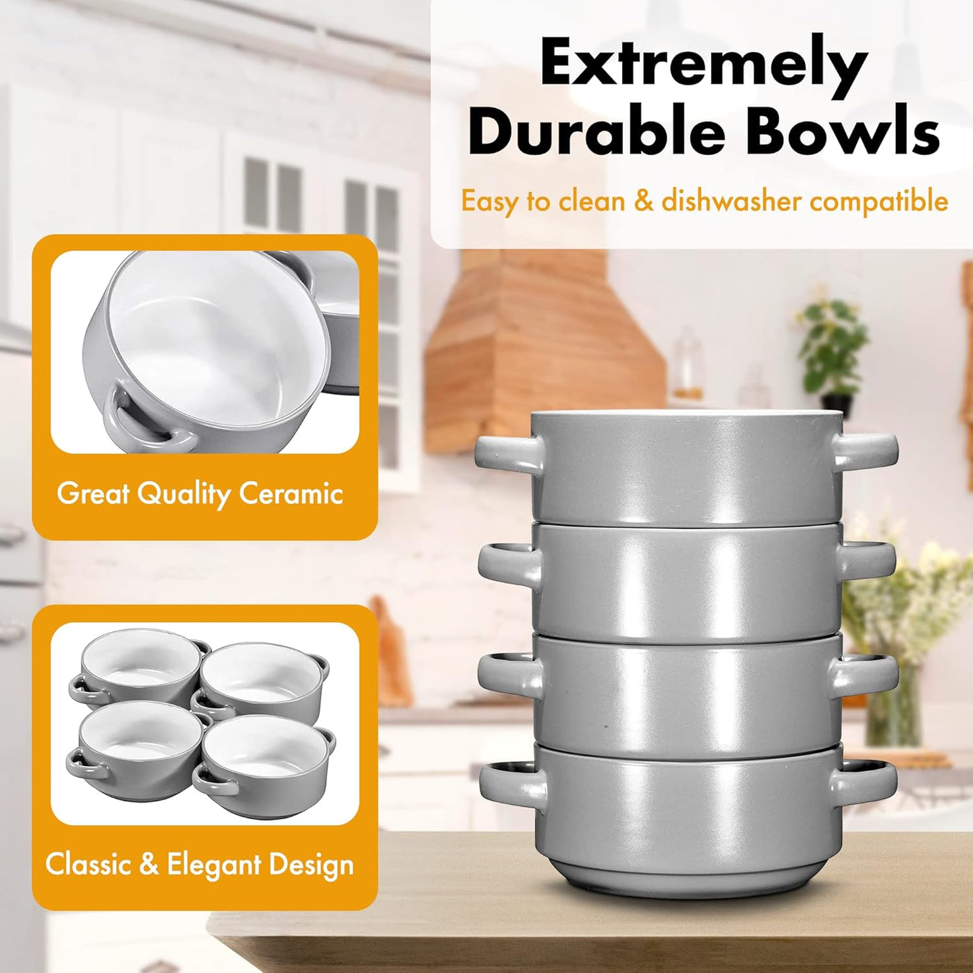 Large 19 Oz Ceramic Soup Bowls with Handles - Set of 4 Stylish Grey French Onion Crocks for Serving, Cereal, or Home Décor