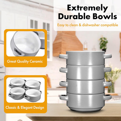 Large 19 Oz Ceramic Soup Bowls with Handles - Set of 4 Stylish Grey French Onion Crocks for Serving, Cereal, or Home Décor