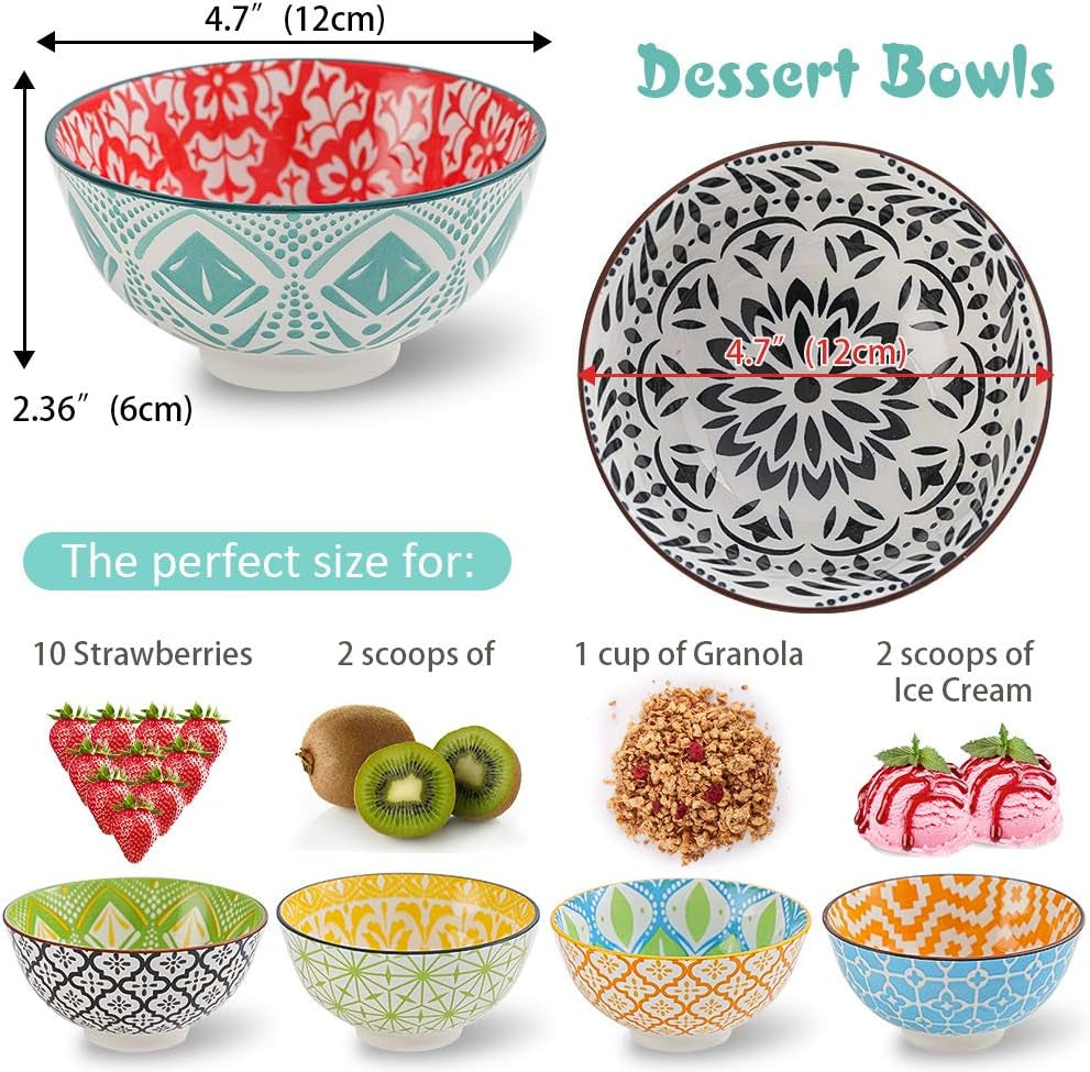 Vibrant Set of 6 Porcelain Dessert & Cereal Bowls - Perfect for Ice Cream, Soup, Snacks & More - Microwave & Dishwasher Safe!