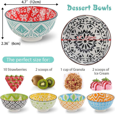 Vibrant Set of 6 Porcelain Dessert & Cereal Bowls - Perfect for Ice Cream, Soup, Snacks & More - Microwave & Dishwasher Safe!
