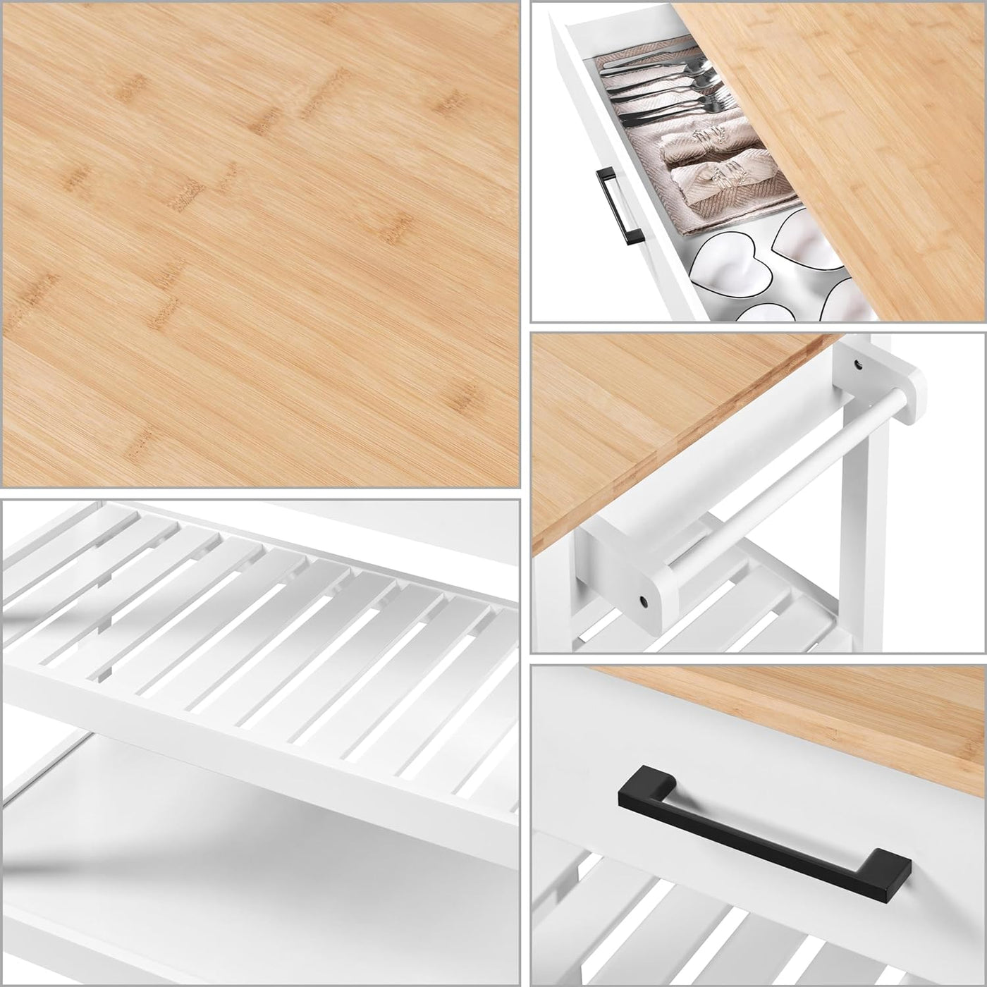 Stylish 40" Rolling Kitchen Island Cart with Solid Wood Top, 3 Tiers and Ample Storage - Perfect for Dining or Entertaining, White Finish