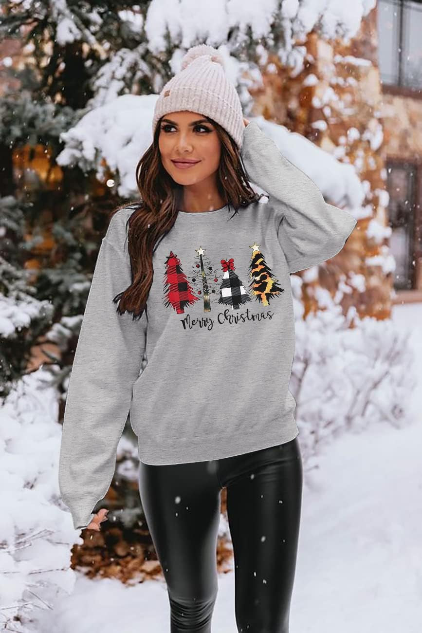 Festive Women’s Christmas Sweatshirt - Cheerful Merry Christmas Trees Graphic Pullover for Holiday Parties