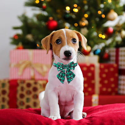 Festive 2-Pack Christmas Dog Collars with Removable Bow Ties - Classic Plaid Red & Green for Small Pets