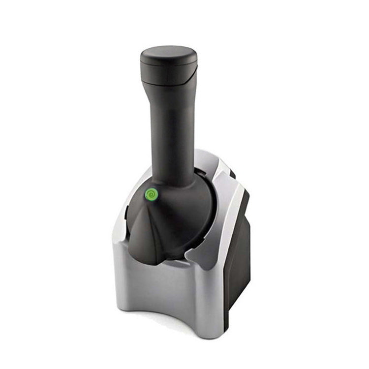 Cavira electric fruit ice cream maker in silver, showing the compact machine with real fruit ingredients for sorbet and frozen yogurt.