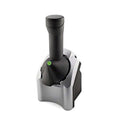 Cavira electric fruit ice cream maker in silver, showing the compact machine with real fruit ingredients for sorbet and frozen yogurt.