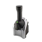 Cavira electric fruit ice cream maker in silver, showing the compact machine with real fruit ingredients for sorbet and frozen yogurt.