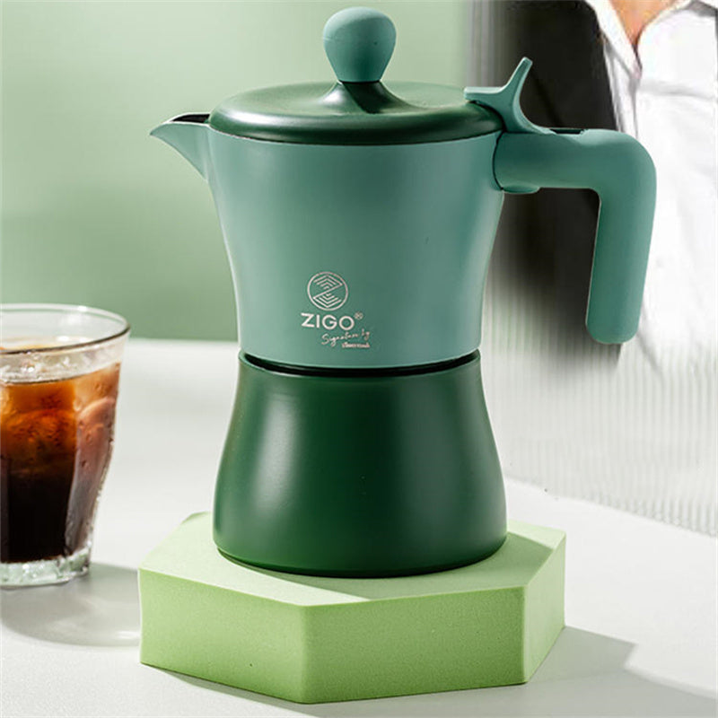 Cavira Moka Pot stovetop espresso maker in vibrant colors, compatible with gas, electric, and induction stoves, for rich Italian-style coffee.
