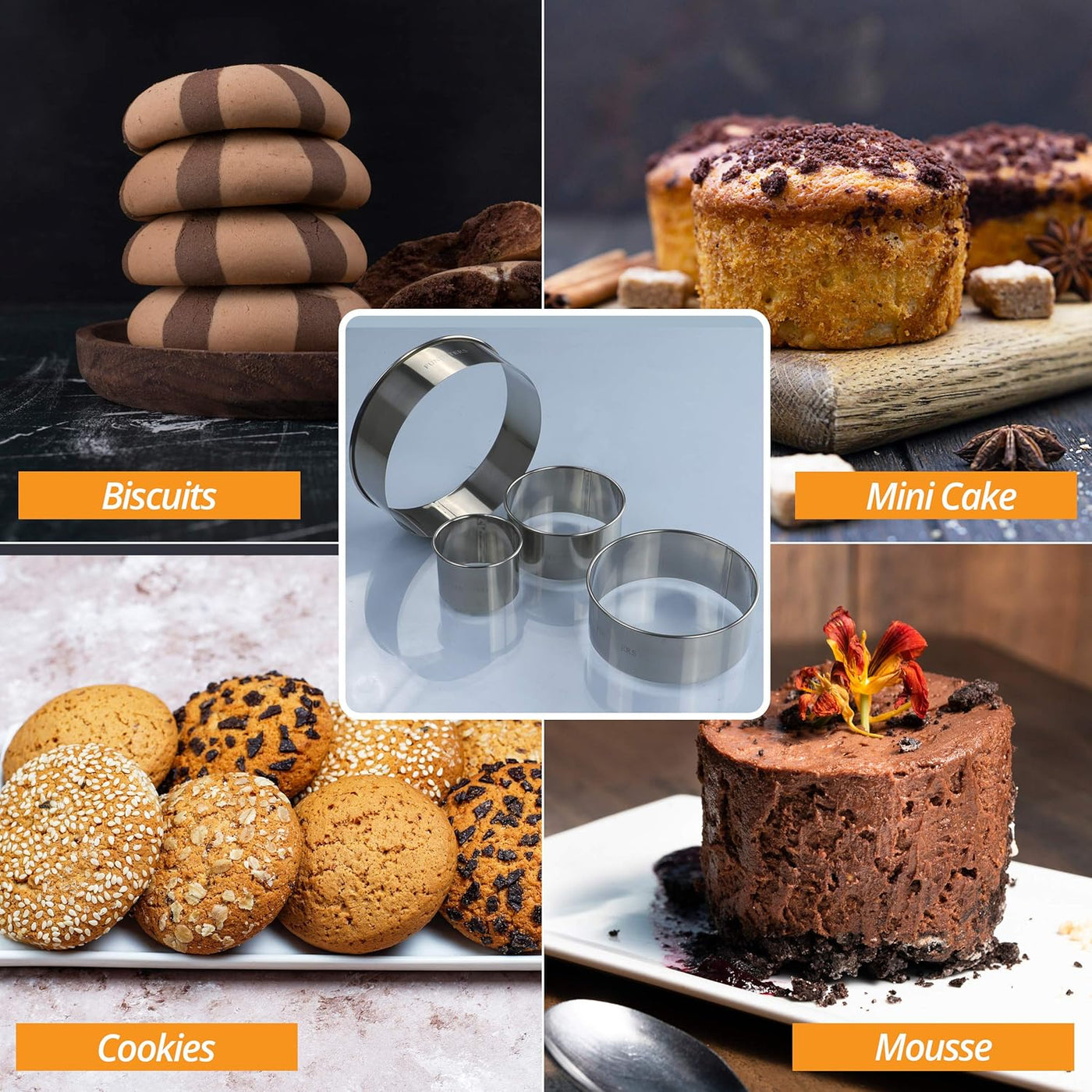 Versatile 4-Piece Round Cookie Cutter Set - Heavy Duty Metal Baking Rings (2'', 3'', 4'', 5'') for Perfect Pastries, Biscuits & Dough! Reusable and Durable!