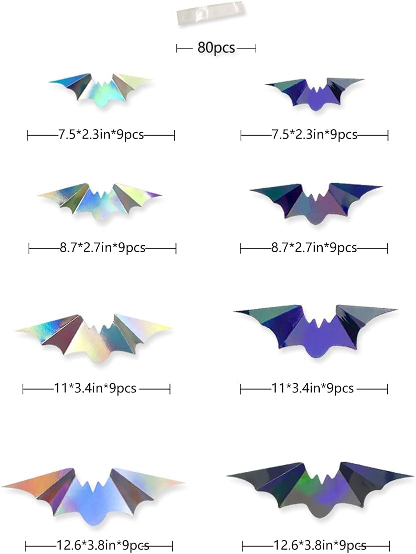 72 Pcs Iridescent 3D Bat Wall Decor for Halloween - Holographic Silver & Black Stickers for Spooky Home and Party Decorations