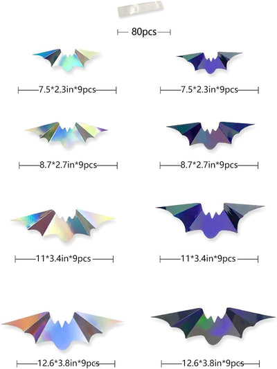 72 Pcs Iridescent 3D Bat Wall Decor for Halloween - Holographic Silver & Black Stickers for Spooky Home and Party Decorations