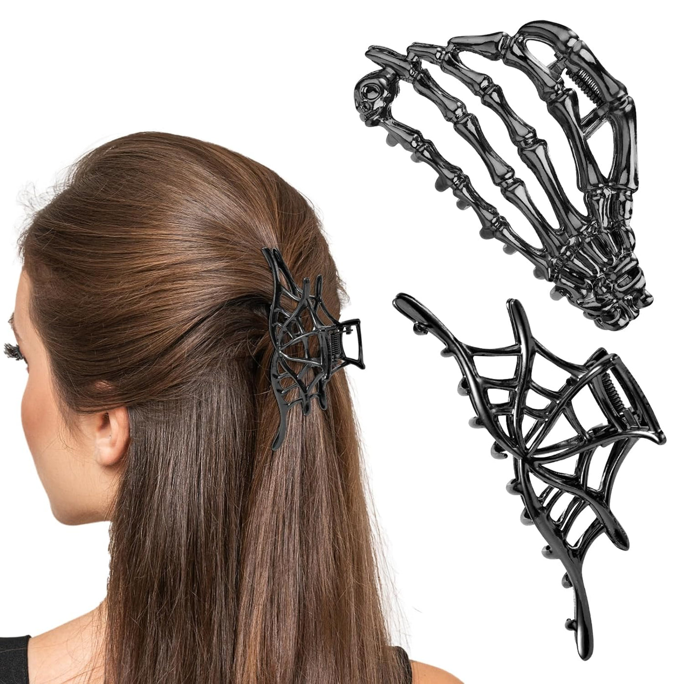 Spooky Chic: 2Pcs Halloween Hair Clips - Gothic Skeleton Hand & Spider Web Hair Claw Barrettes for Women & Girls