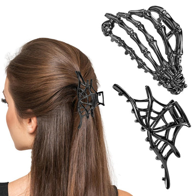 Spooky Chic: 2Pcs Halloween Hair Clips - Gothic Skeleton Hand & Spider Web Hair Claw Barrettes for Women & Girls