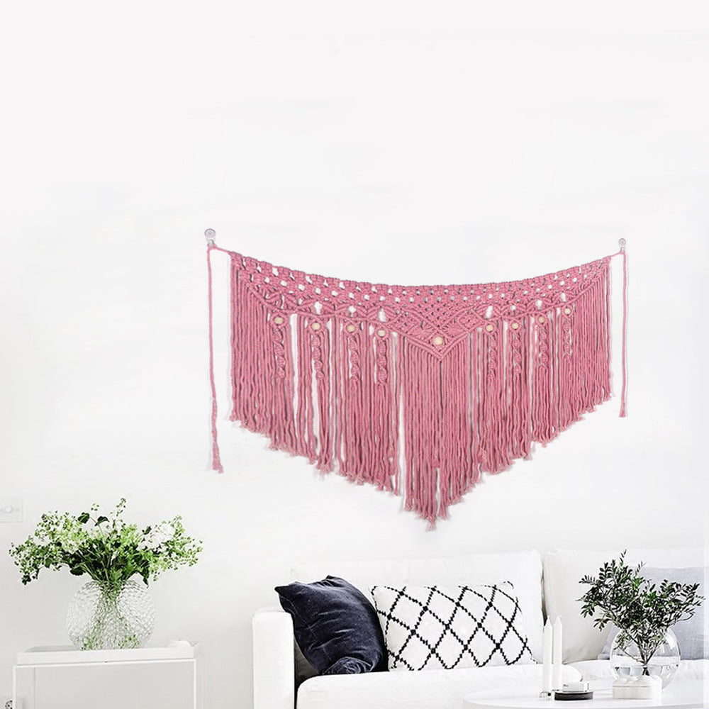 Pink bohemian cotton woven wall tapestry by Cavira, featuring basket weave design, ideal for bedroom decor, sofa background, or wedding decoration.
