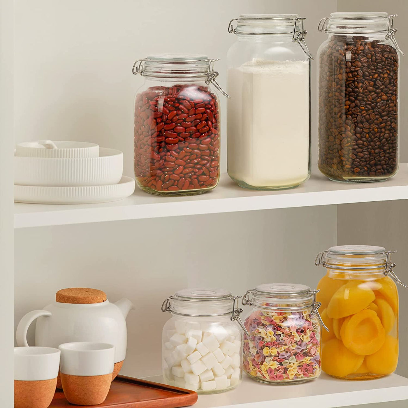 Airtight Glass Canister Set of 3 - 34Oz Food Storage Jars with Lids for Kitchen Canning, Cereal, Pasta, Sugar, Beans & Spices - Clear Preserving Seal and Wire Clip Fastening