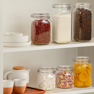 Airtight Glass Canister Set of 3 - 34Oz Food Storage Jars with Lids for Kitchen Canning, Cereal, Pasta, Sugar, Beans & Spices - Clear Preserving Seal and Wire Clip Fastening