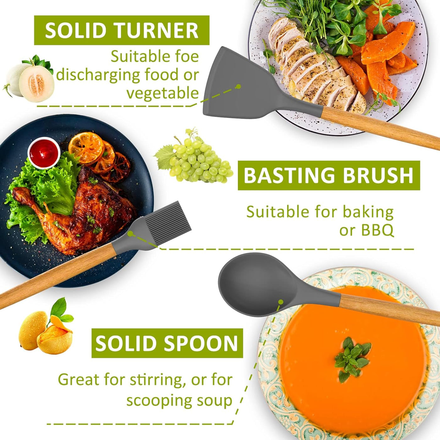 Premium 35-Piece Silicone Cooking Utensil Set - Non-Stick, Heat Resistant Kitchen Tools with Natural Wooden Handles - Stylish Gray Design