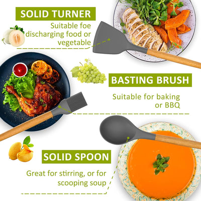 Premium 35-Piece Silicone Cooking Utensil Set - Non-Stick, Heat Resistant Kitchen Tools with Natural Wooden Handles - Stylish Gray Design