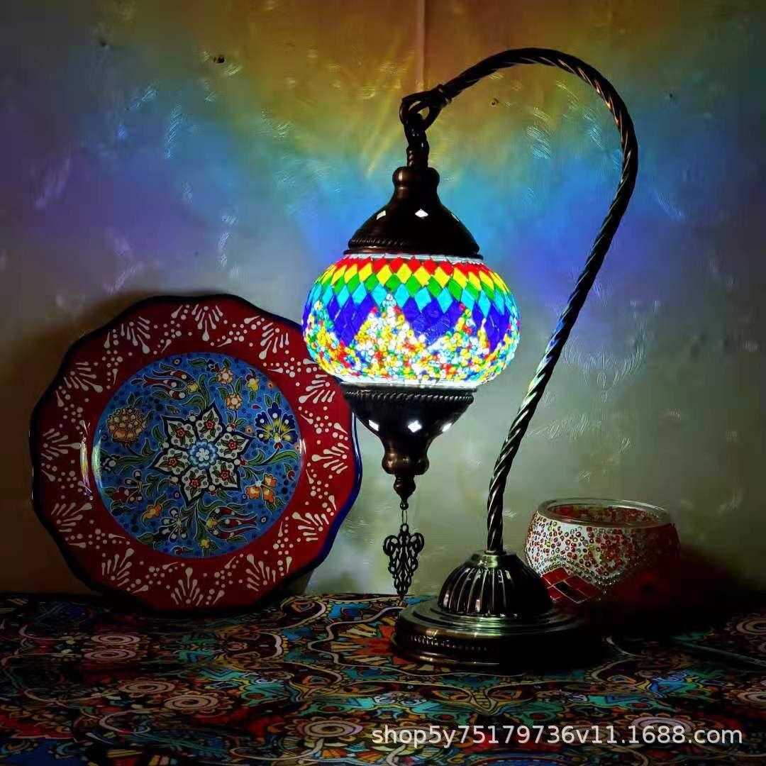 Moroccan Mosaic Glass Table Lamp by Cavira, handcrafted stained glass with bronze iron base, 22cm x 38cm, decorative bedside lighting