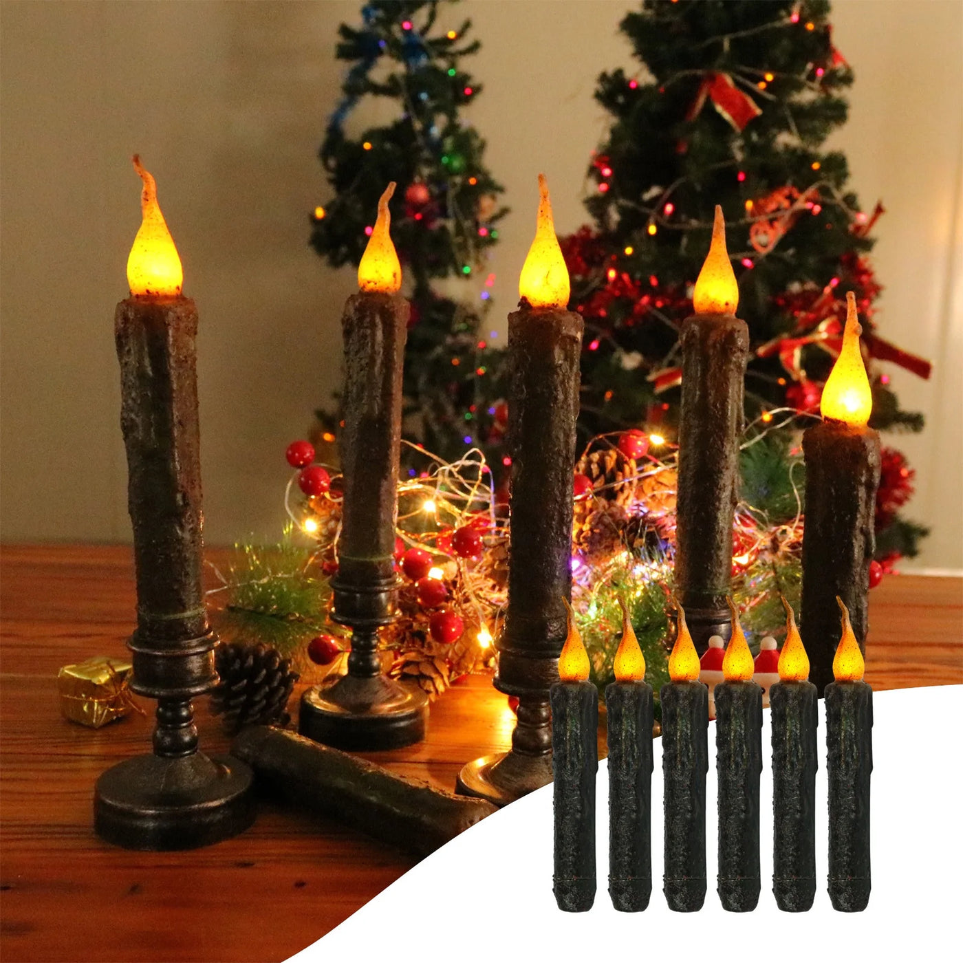 Taper Primitive Candles 6Pcs Real Wax Hand Dipped Battery Operated Flameless Candles for Christmas Halloween Home Decor Church