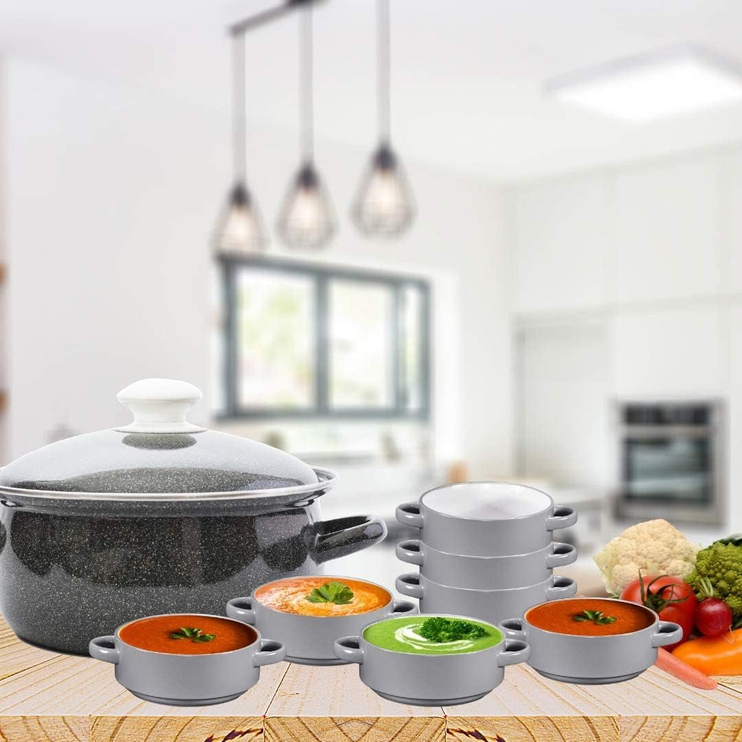 Large 19 Oz Ceramic Soup Bowls with Handles - Set of 4 Stylish Grey French Onion Crocks for Serving, Cereal, or Home Décor