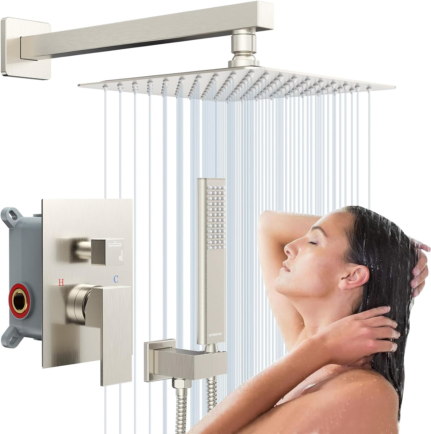 Rain Shower System Sets Faucet:  10 Inch Overhead Rainhead Shower Combo Set with Handheld and Valve-Luxury Modern Mixer Rainfall Brushed Nickel Shower Faucets Sets Complete - GG store