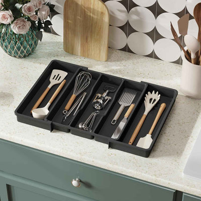 Utensil Drawer Organiser,Expandable Large Cutlery Tray for Kitchen,Kitchen Storage & Organisation,Silverware Flatware Holder, Plastic Kitchen Spatula Tools and Gadgets Storage Divider, Black - GG store