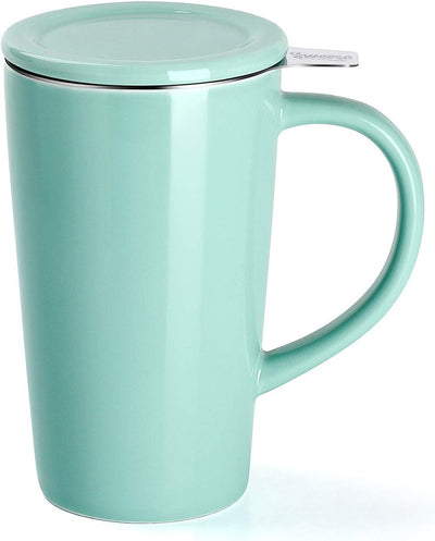 Stylish Mint Green Porcelain Tea Mug Set with Infuser & Lid - 18 Oz Capacity, Perfect for Coffee and Cocoa Lovers