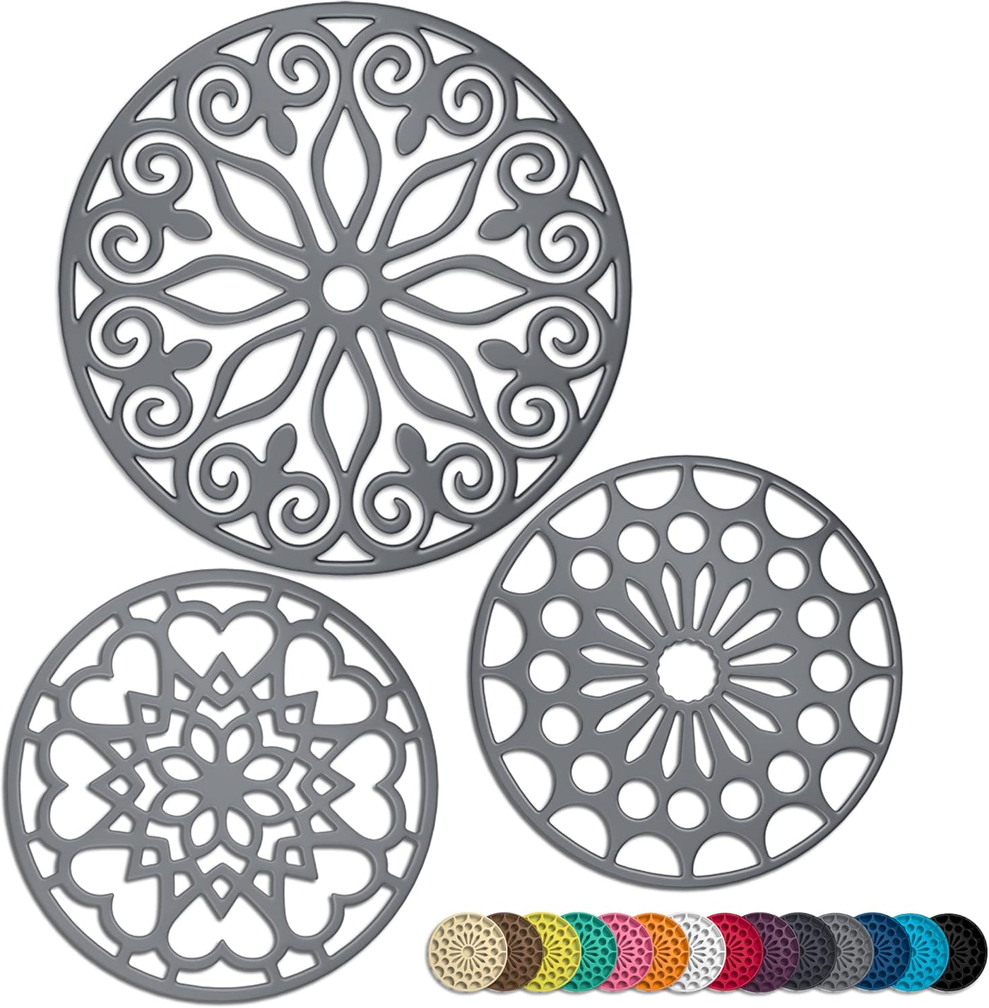 Premium 3-Piece Silicone Trivet Set with Extra Large Mat | Durable, Non-Slip, and Insulated for Hot Pots & Pans | Elegant Gray Design