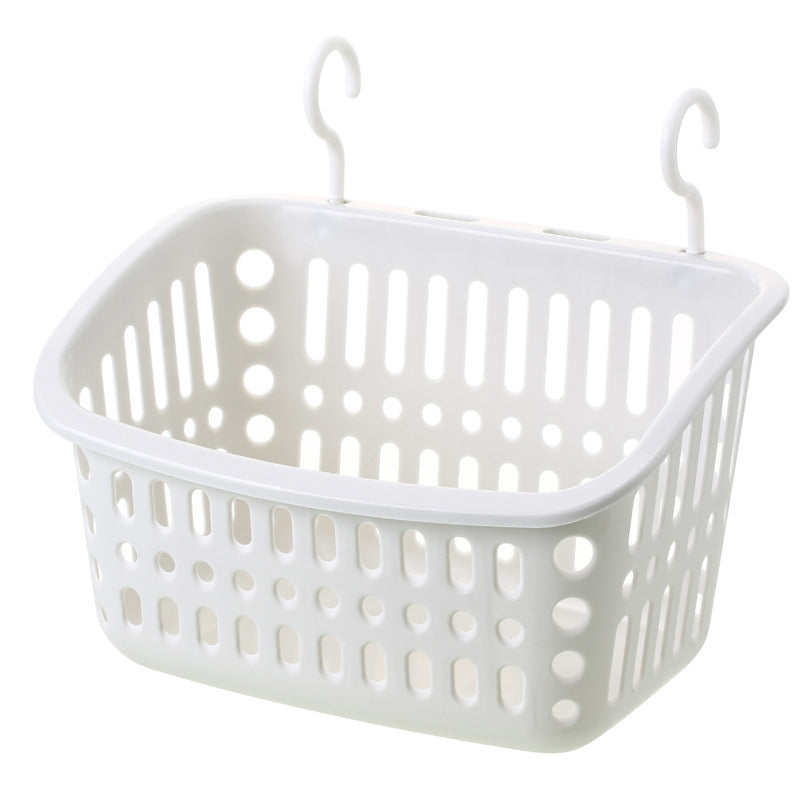 Plastic double hook hanging storage basket by Cavira mounted on a wall for kitchen, bathroom, or bedroom organization.