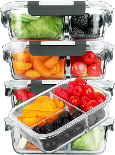 [5-Pack, 36 Oz] Glass Meal Prep Containers 3 Compartment with Lids, Glass Lunch Containers,Food Prep Lunch Box,Bento Box,Bpa-Free, Microwave, Oven, Freezer, Dishwasher (4.5 Cups) - GG store