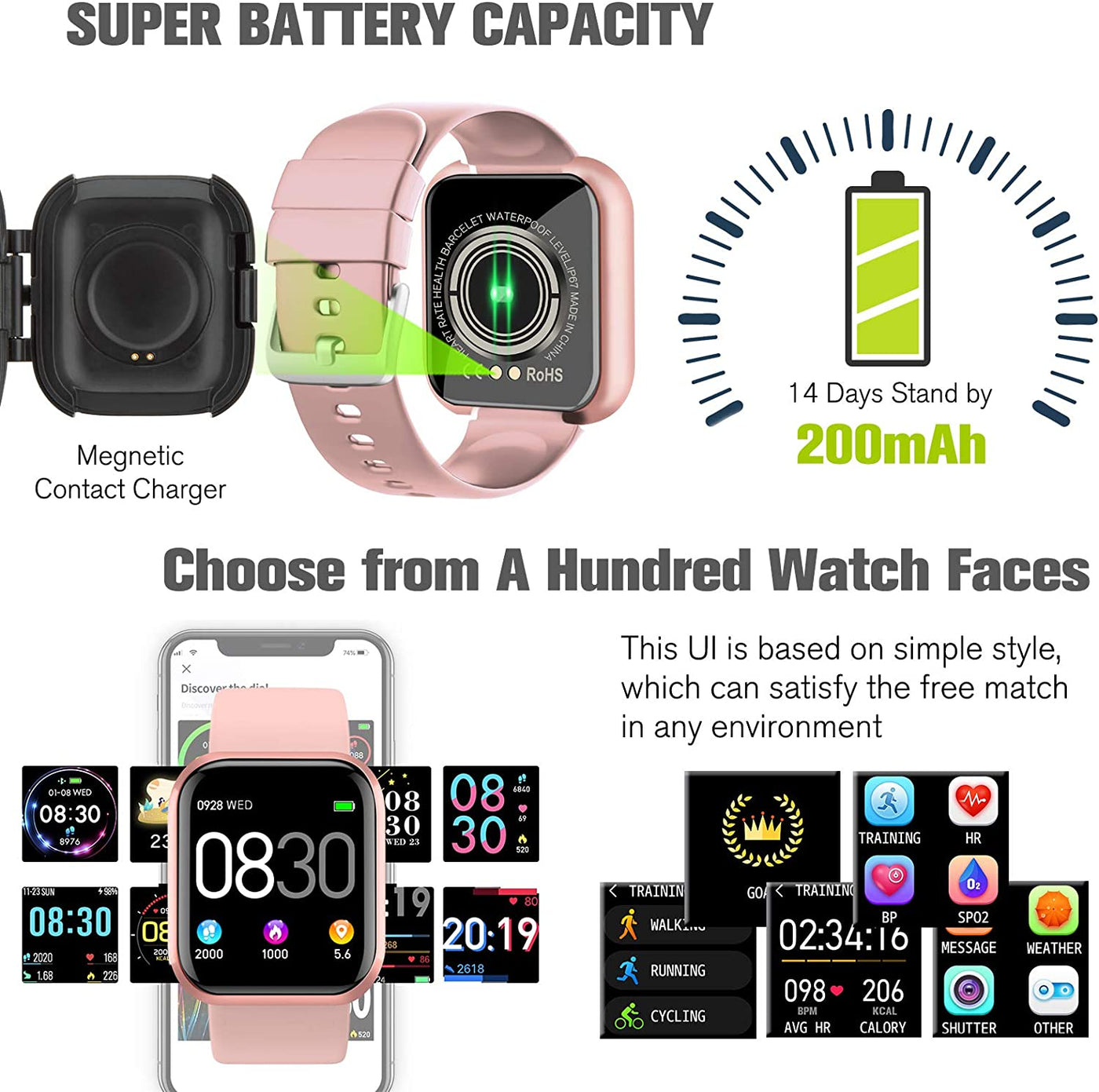 Smartwatch – Fitness & Activity Tracker, Heart Rate & BP Monitor, IP67 Waterproof (Pink) - GG store