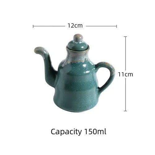 Cavira ceramic oil and vinegar dispenser bottle with auto-open lid, 150ml, blue and white for soy sauce, oil, and condiments.