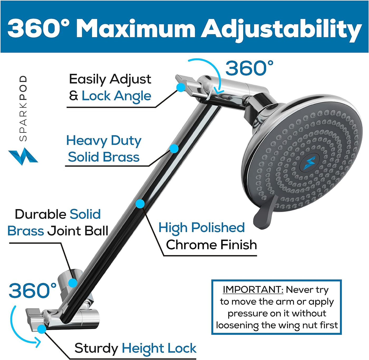 11" Solid Brass Shower Head Extension Arm - Flexible Height & Angle Adjustable Shower Arm Extension for Rain Showerheads with Sturdy Lock - Universal Pipe Connection (Luxury Polished Chrome) - GG store