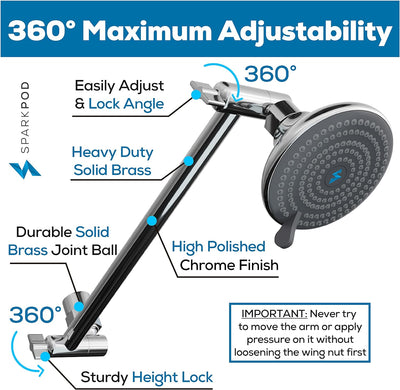11" Solid Brass Shower Head Extension Arm - Flexible Height & Angle Adjustable Shower Arm Extension for Rain Showerheads with Sturdy Lock - Universal Pipe Connection (Luxury Polished Chrome) - GG store