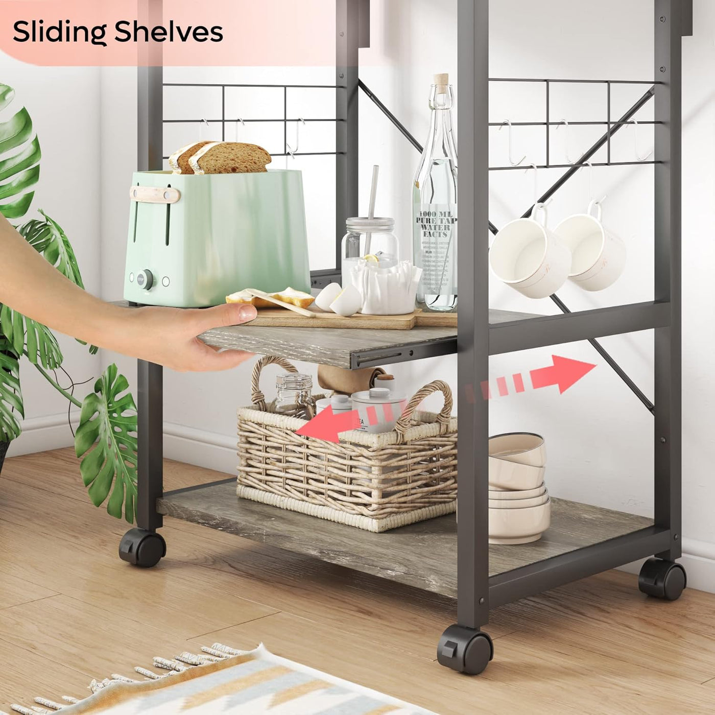 Versatile Kitchen Bakers Rack with Wheels - Microwave Stand & Utility Storage Shelf with 10 Hooks and Adjustable Feet