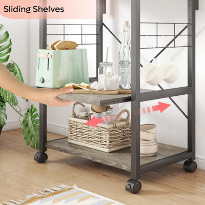 Versatile Kitchen Bakers Rack with Wheels - Microwave Stand & Utility Storage Shelf with 10 Hooks and Adjustable Feet