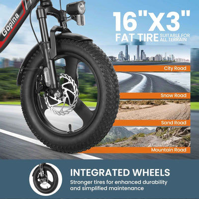 Electric Bike 16" X 3.0 Fat Tire 48V 350W Folding Cruiser Step-Through Commuter - 16 Inch Fat Tire Electric Bike 19.8MPH UL2849 Certified - GG store