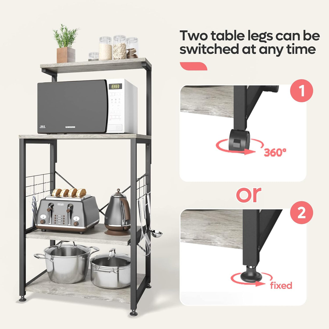 Multifunctional Kitchen Bakers Rack with Rolling Wheels - Stylish Microwave Stand & Utility Storage Cart with 10 Hooks and Adjustable Feet