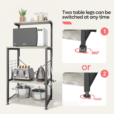 Multifunctional Kitchen Bakers Rack with Rolling Wheels - Stylish Microwave Stand & Utility Storage Cart with 10 Hooks and Adjustable Feet